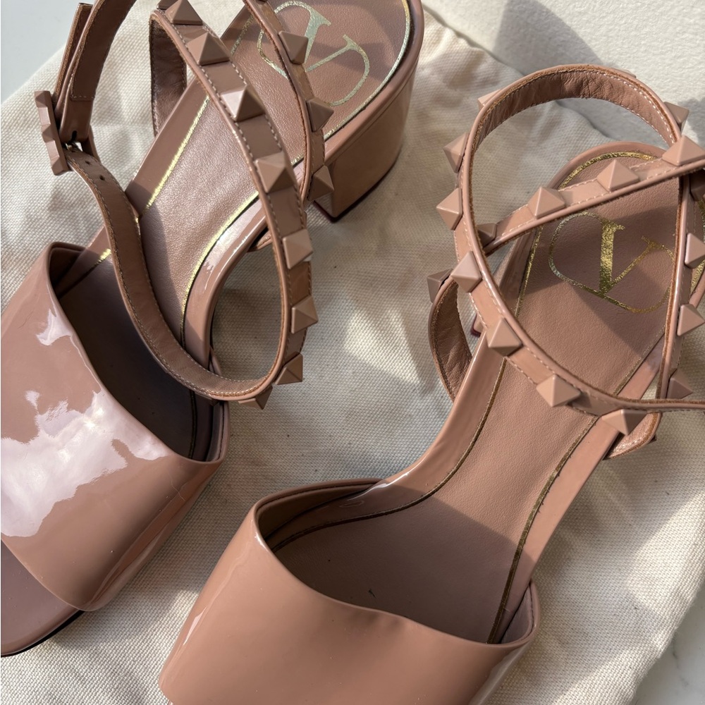 Valentino Rockstud Patent Block Heel Sandals with Ankle Straps